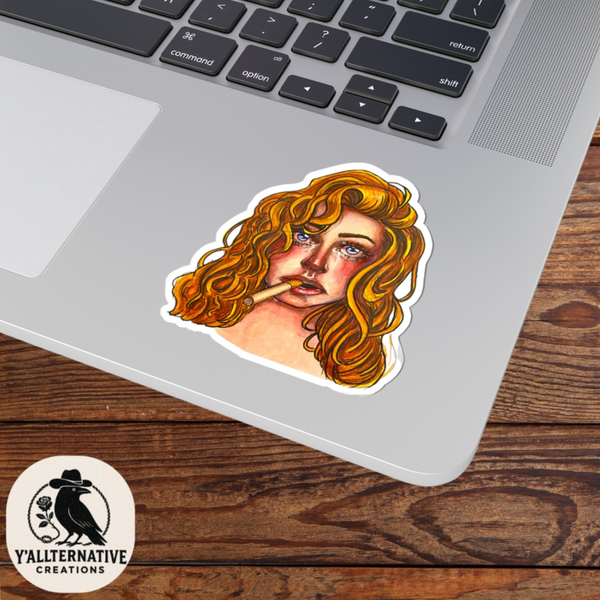 Redhead Sad Girl Portrait Sticker — Moody Art Kiss-Cut Laptop Decal