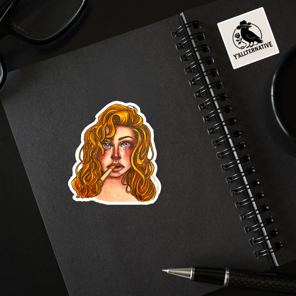 Redhead Sad Girl Portrait Sticker — Moody Art Kiss-Cut Laptop Decal