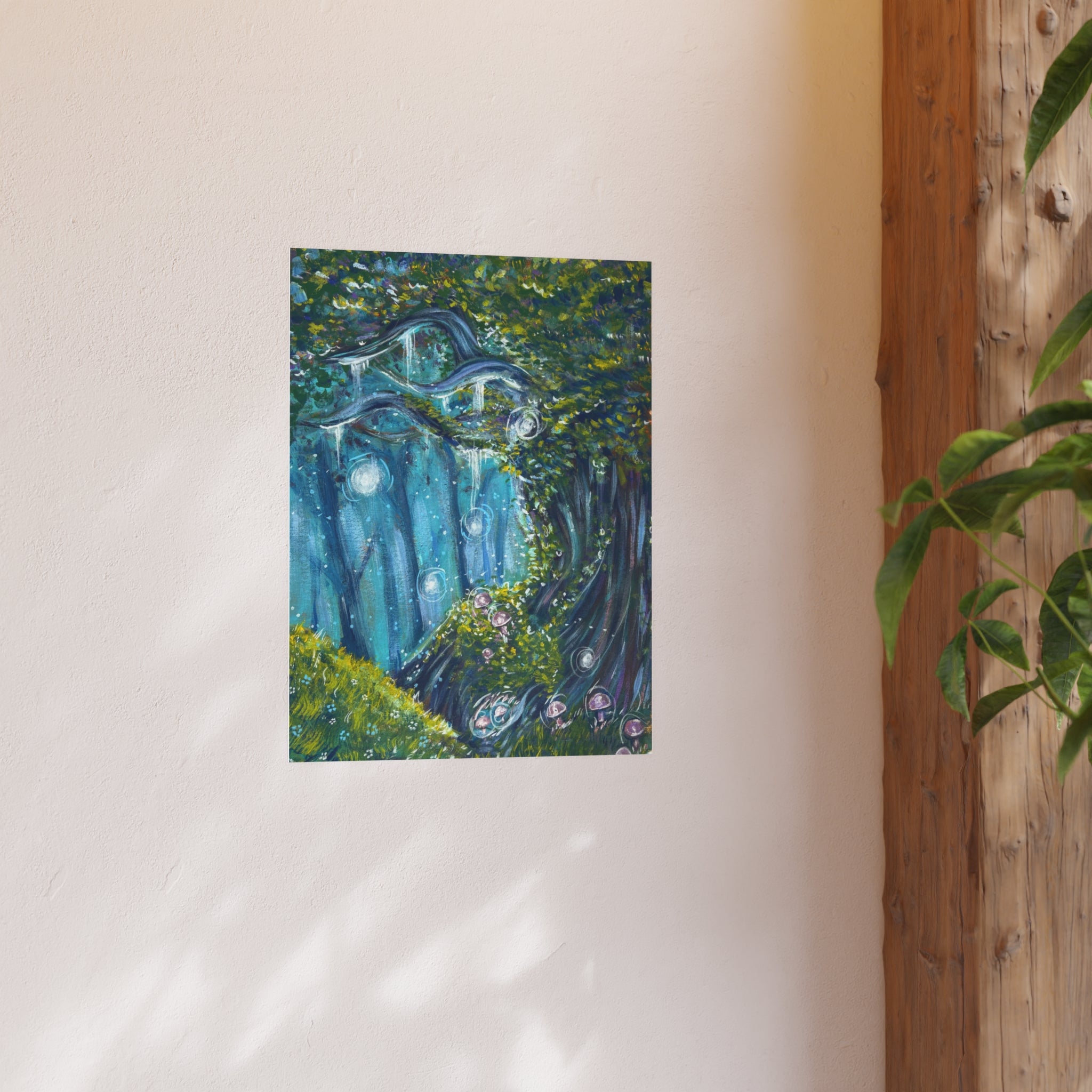 Enchanted Forest Art Poster — Whimsical Blue Tree Landscape