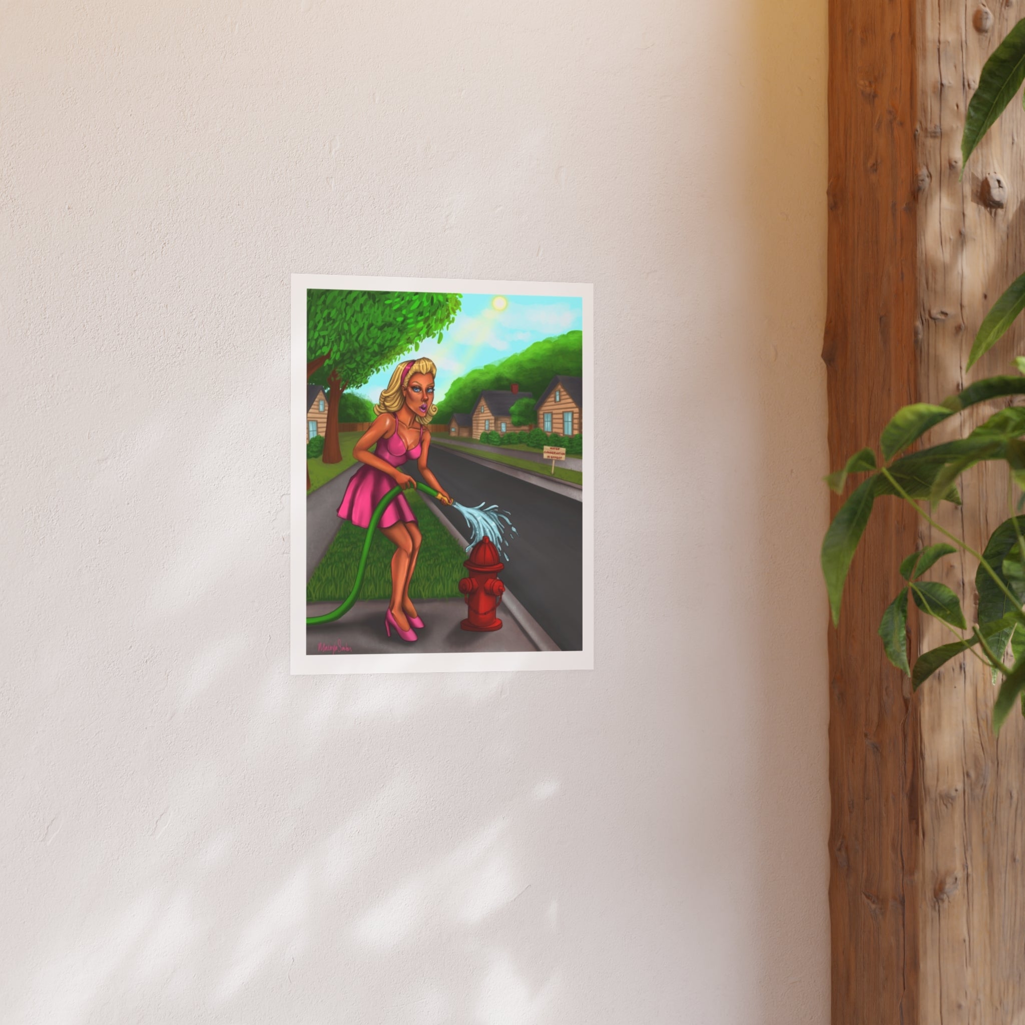 Playful Suburban Pin-Up Art Print — Woman Watering Fire Hydrant Poster