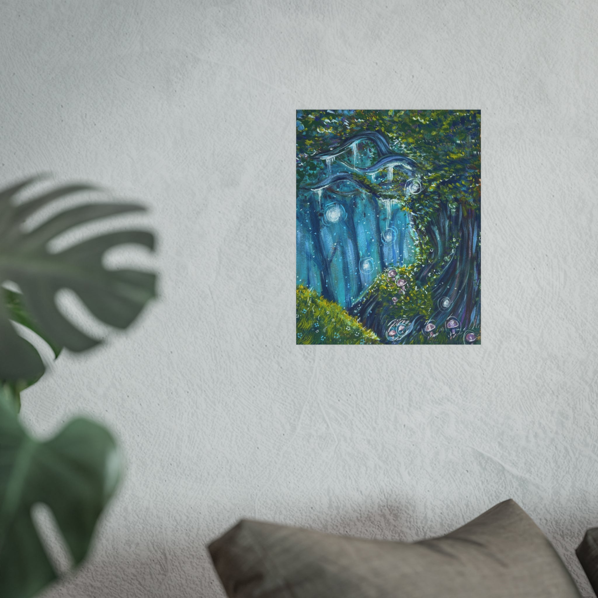 Enchanted Forest Art Poster — Whimsical Blue Tree Landscape