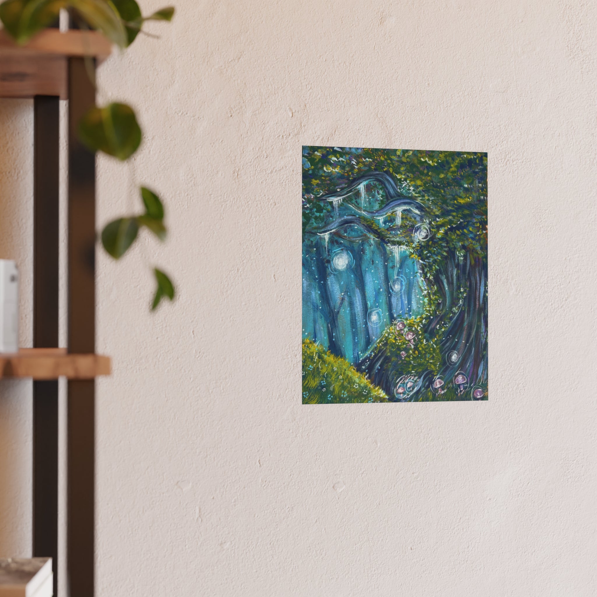 Enchanted Forest Art Poster — Whimsical Blue Tree Landscape