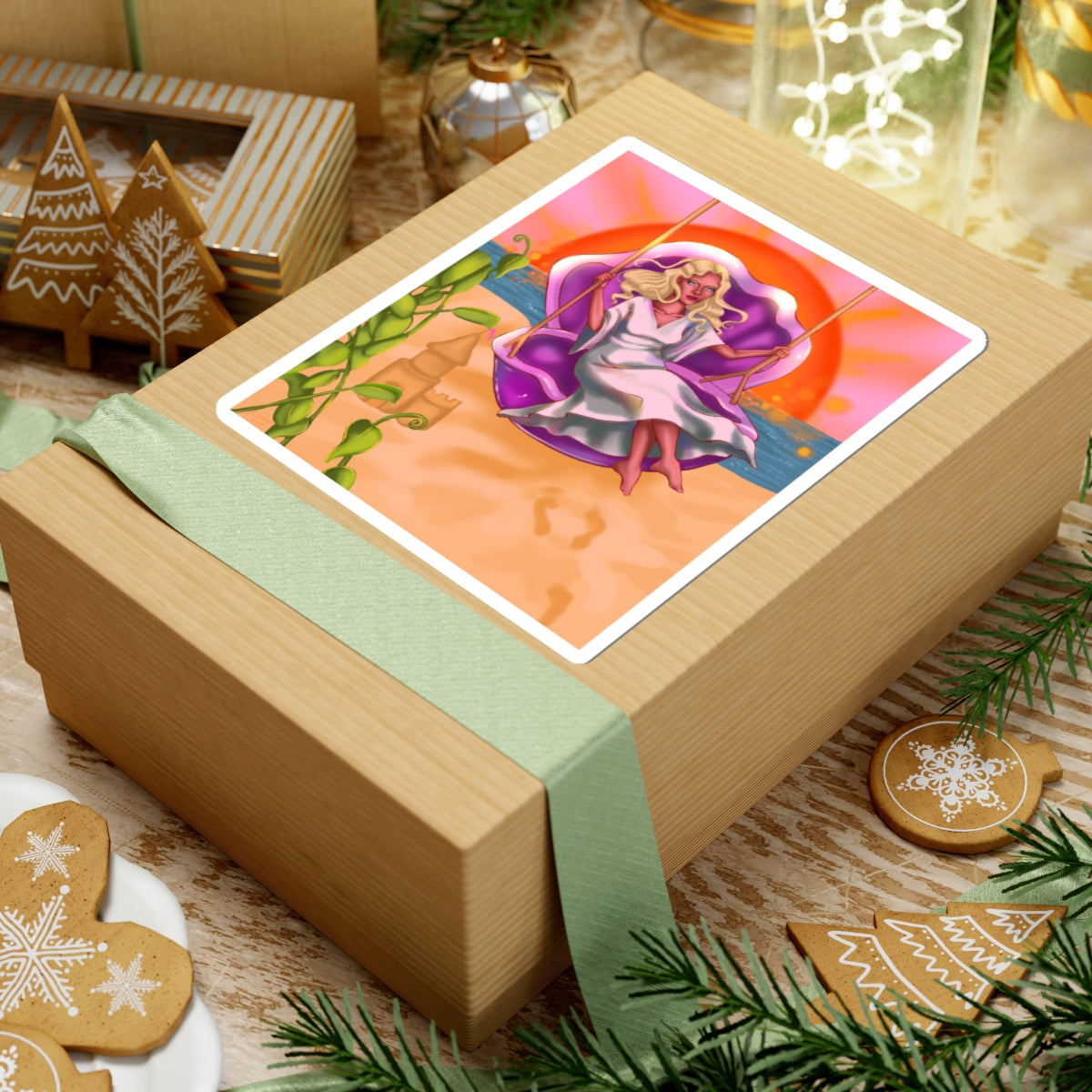 Beach Sunset Shell Girl Kiss-Cut Sticker