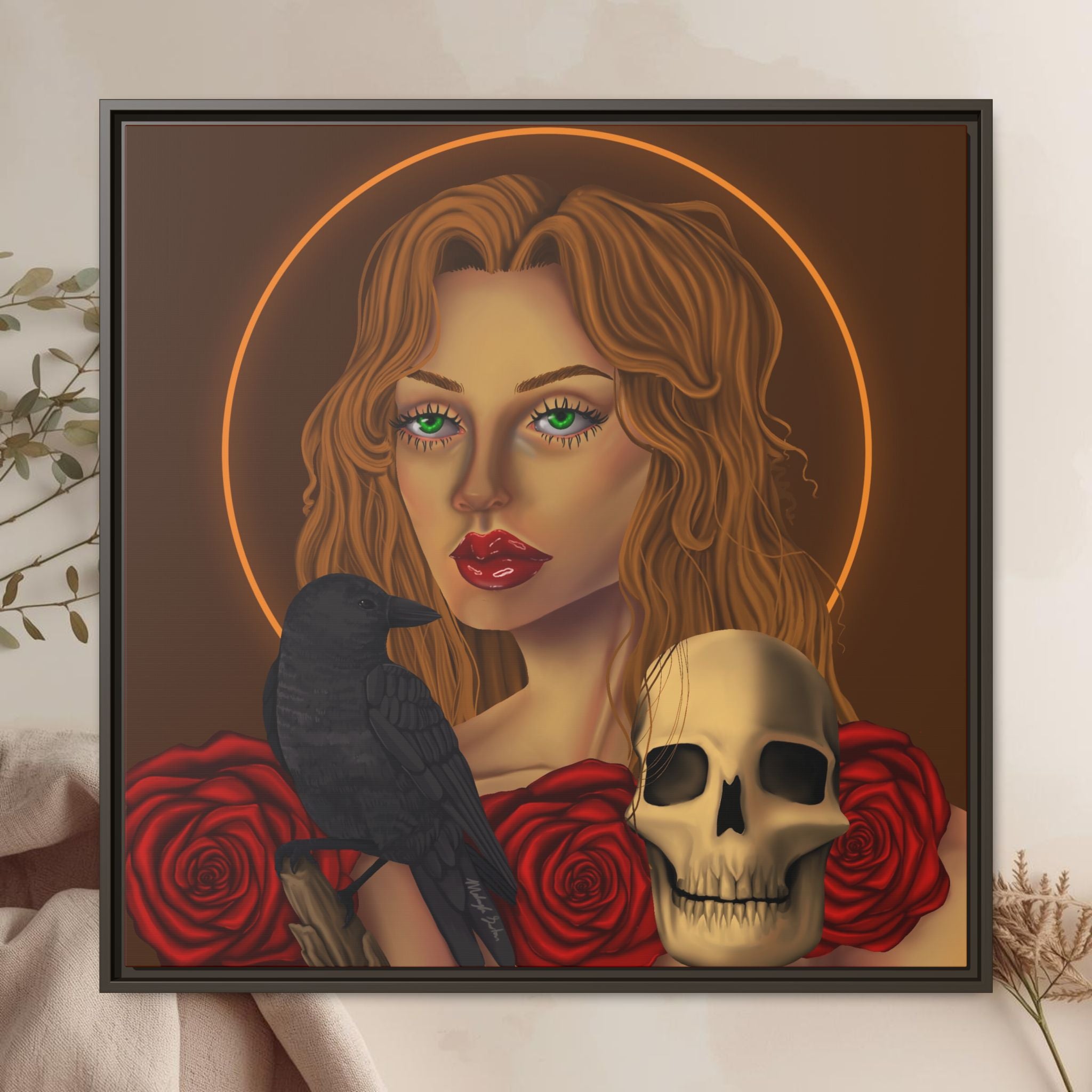 Woman, Skull, Crow Canvas Art Print