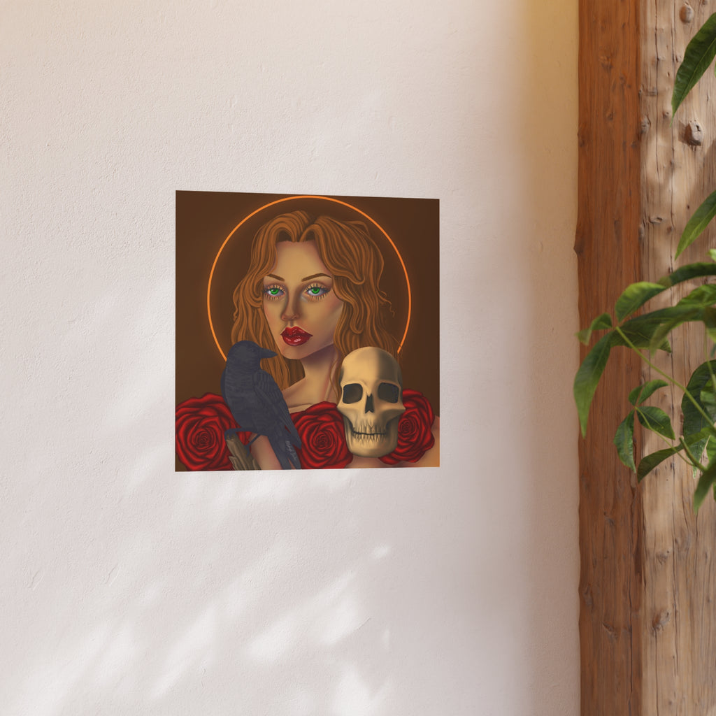 Gothic Portrait Poster — Woman with Raven, Skull & Roses Satin/Matte Art Print