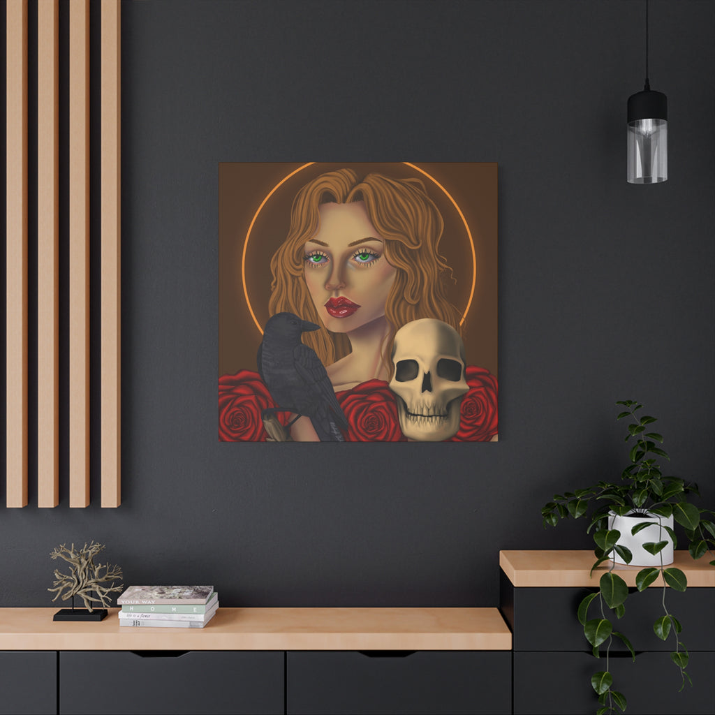 Vintage Skull & Roses Dark Portrait Canvas Print