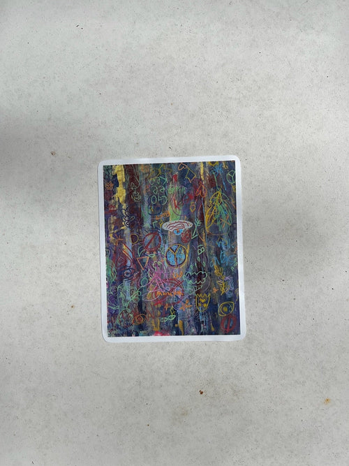 Colorful abstract painting sticker on a white metal sheet
