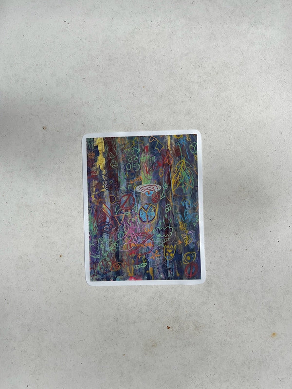 Colorful abstract painting sticker on a white metal sheet